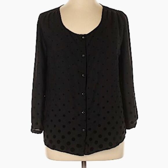 Lands End Blouse Top Black on Black Polka Dot Button Front Long Sleeve Size 4 - Picture 1 of 8